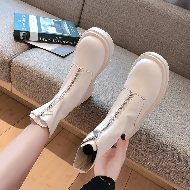 Female Ankle Boots White Booties Round Toe Platform Short Shoes for Women Chunky Footwear Elegant with Medium Heels Winter 2024