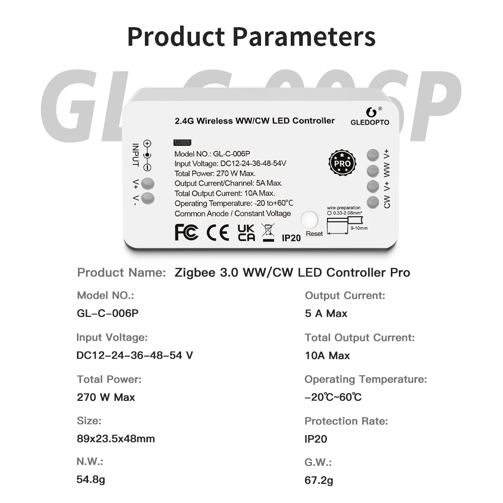 وحدة تحكم GLEDOPTO Zigbee 3.0 LED لـ Alexa 270W Max Dual White Dimming 12-54V DC WW/CW شريط إضاءة APP التحكم IP20 #6