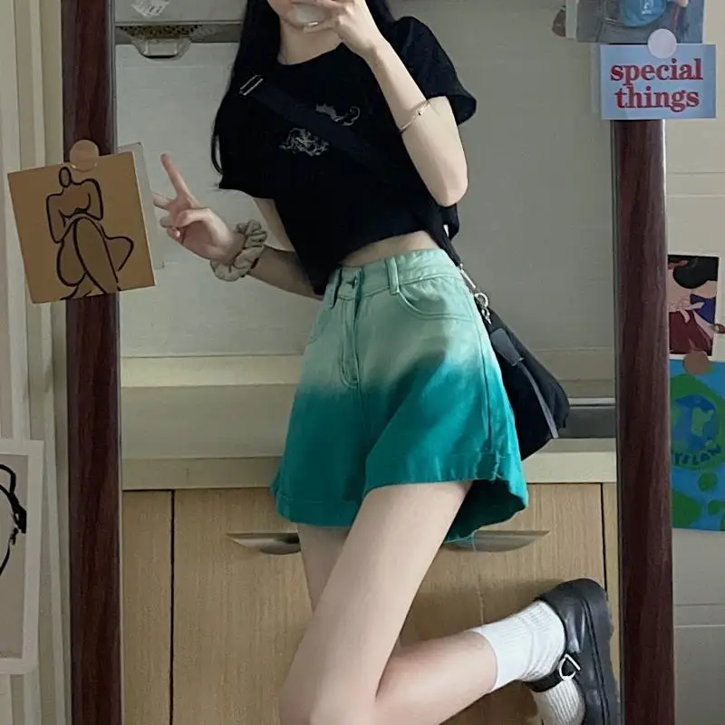 

Летние джинсовые шорты градиентного цвета для женщин, тонкие, с высокой талией, утягивающие прямые свободные шорты с широкими штанинами