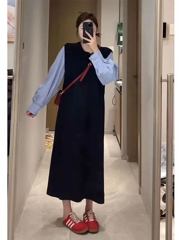 

Женское осеннее платье больших размеров в корейском стиле, имитация двух частей, с эффектом стройности, длинное, с рукавами, 300 Pou