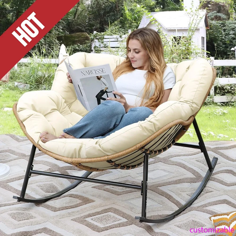 HOT-Outdoor Indoor Papasan Rocking Chair,450 Lbs Oversized Wicker Rattan Papasan Royal Recliner Chair With Cushion,Patio Lounge