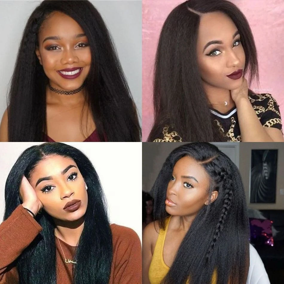 Perruque Lace Front Wig Yaki Brésilienne Naturelle, Cheveux Crépus Lisses, 13x4, Sans Colle, pour Femme Africaine