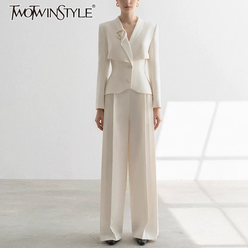 

TWOTWINSTYLE Solid Two Piece Sets for Women Lapel Long Sleeves Patchwork 3D Flower Blazer High Waist Pants Set Female Clothing