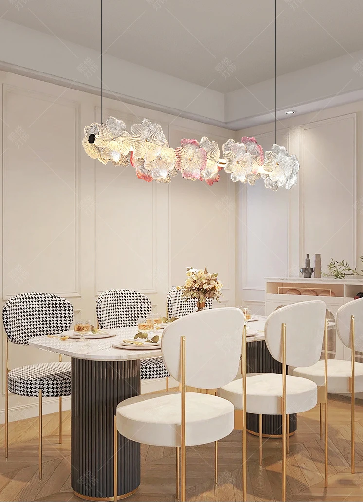 Restaurant chandelier new dining table crystal glass bar counter light luxury petal French style warm and romantic long strip