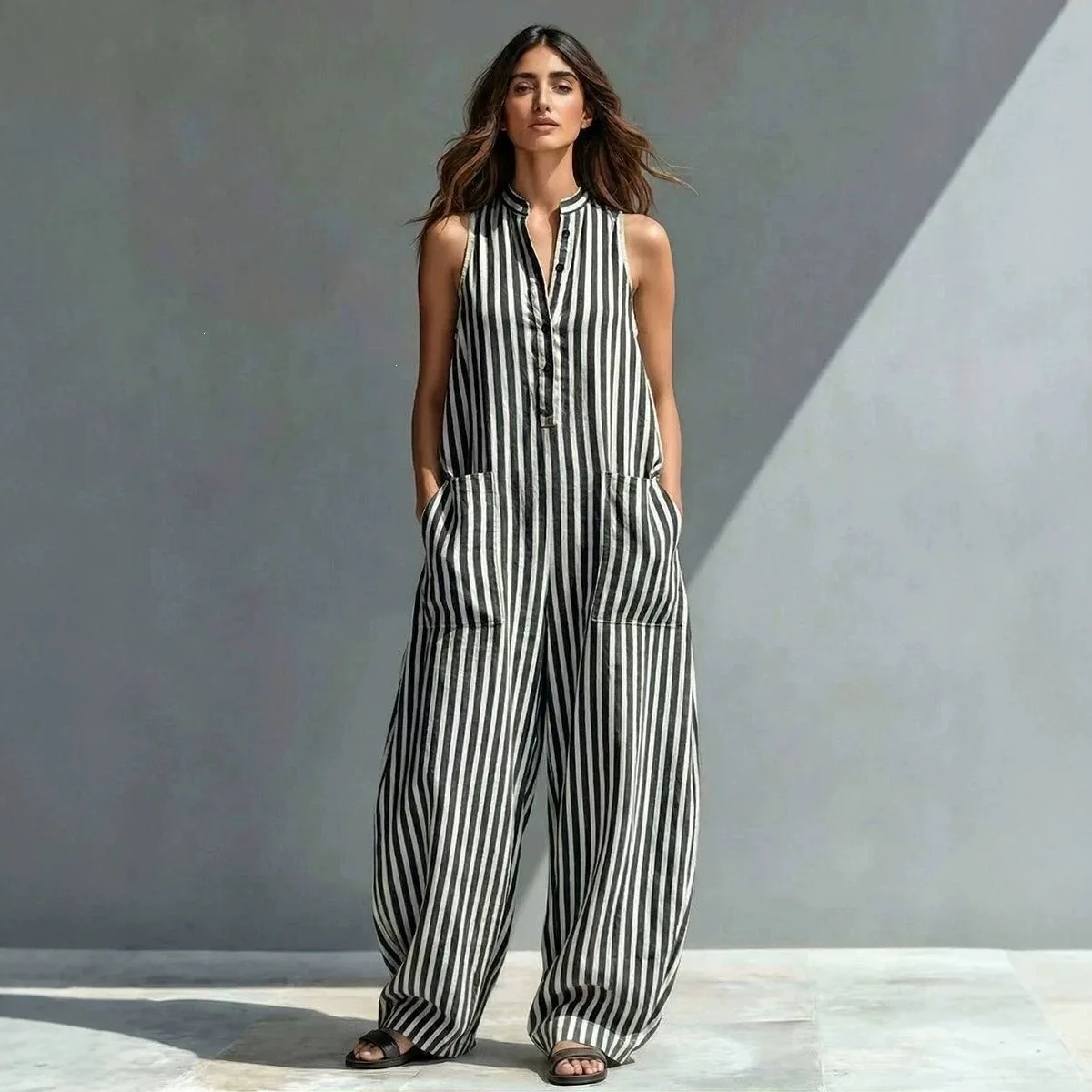 Summer New Loose Leisure Striped Print Sleeveless Women's One-Piece Long Pants Jumpsuit