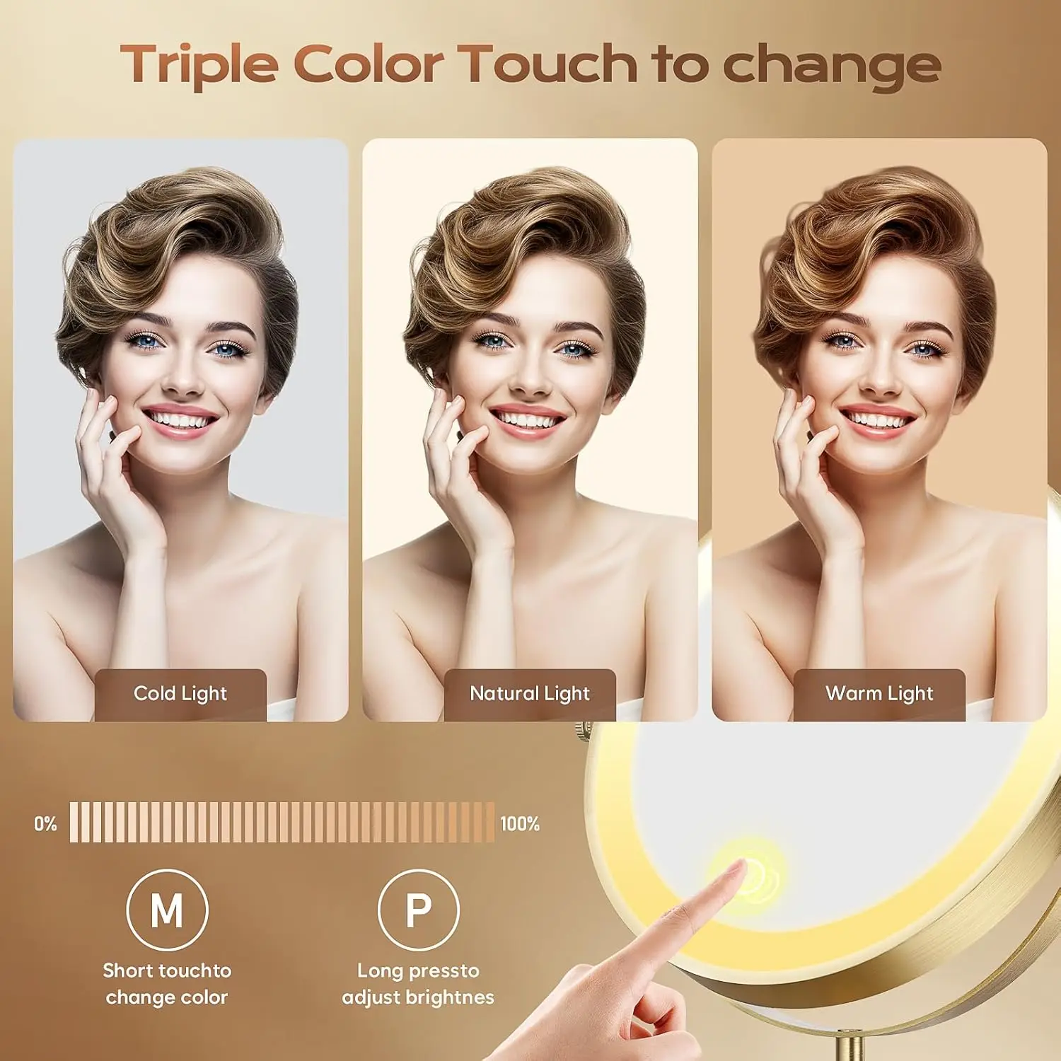 充電式LEDメイクアップミラー、3色の照明、1倍/20倍拡大、360度回転 °   回転、明るさ調整可能