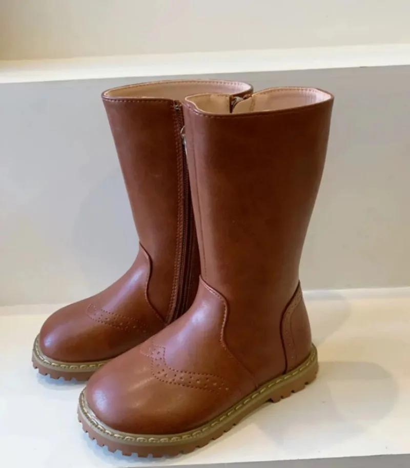 Fall girl's retro mid-calf boots, with a slightly open design on the upper, side zipper thick-soled anti-slip outdoor boots