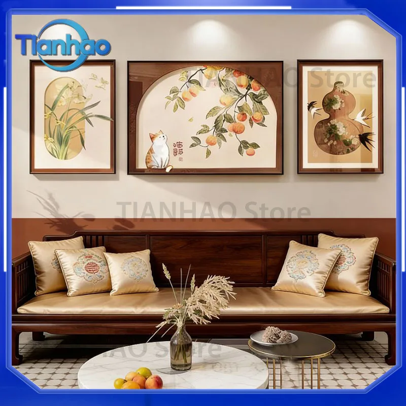 Vintage Style Gourd Themed Triptych Wall Art for Living Room Decoration with Retro Elegance for Sofa Backdrop