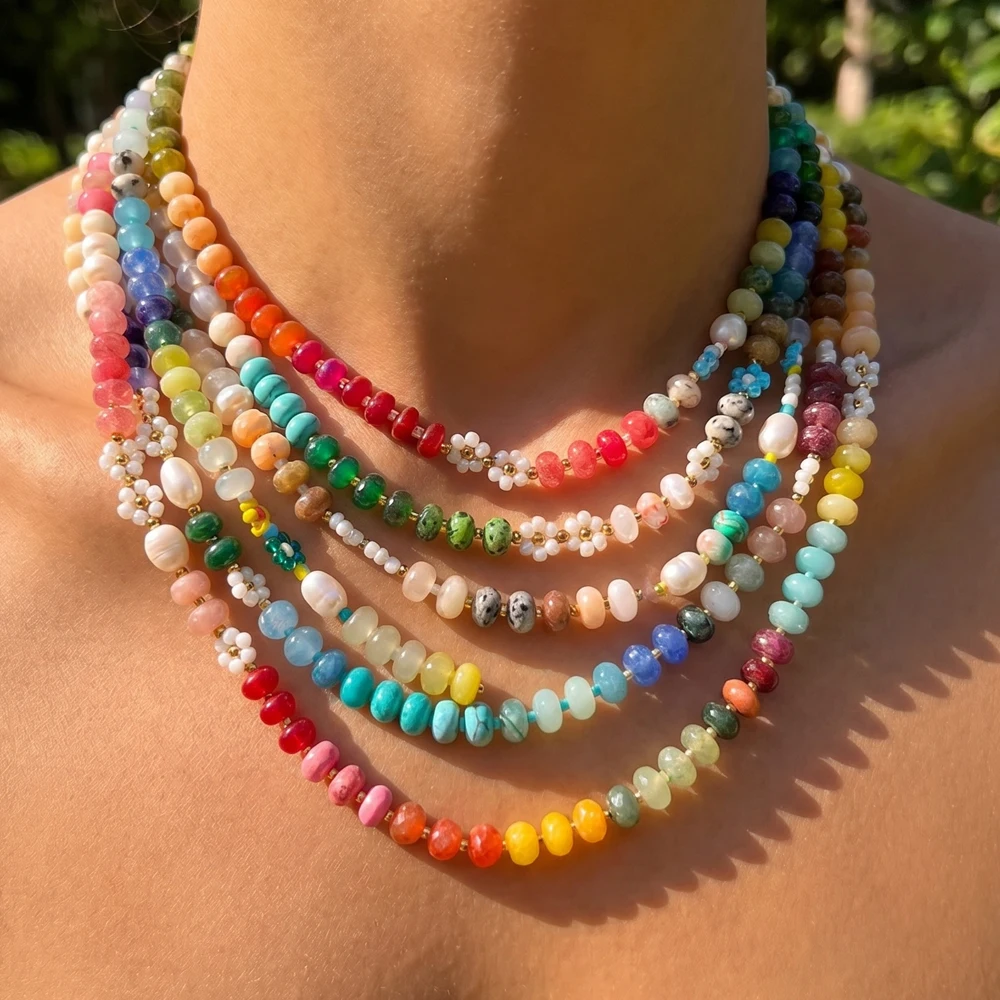 

Colorful Cute Flower Natural Stone Beaded Necklace for Women Bohemia Style Fashion Clavicle Collar summer Jewelry Gift Accessory