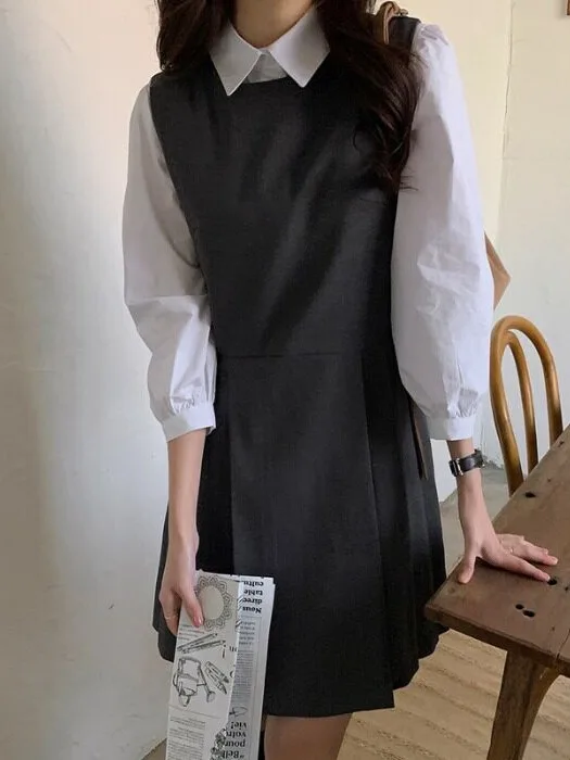 Black Midi Dress Women's Autumn High-End Sensation Outerwear  Design College Style Fashionable Age-Defying Pleated Vest D... view 3
