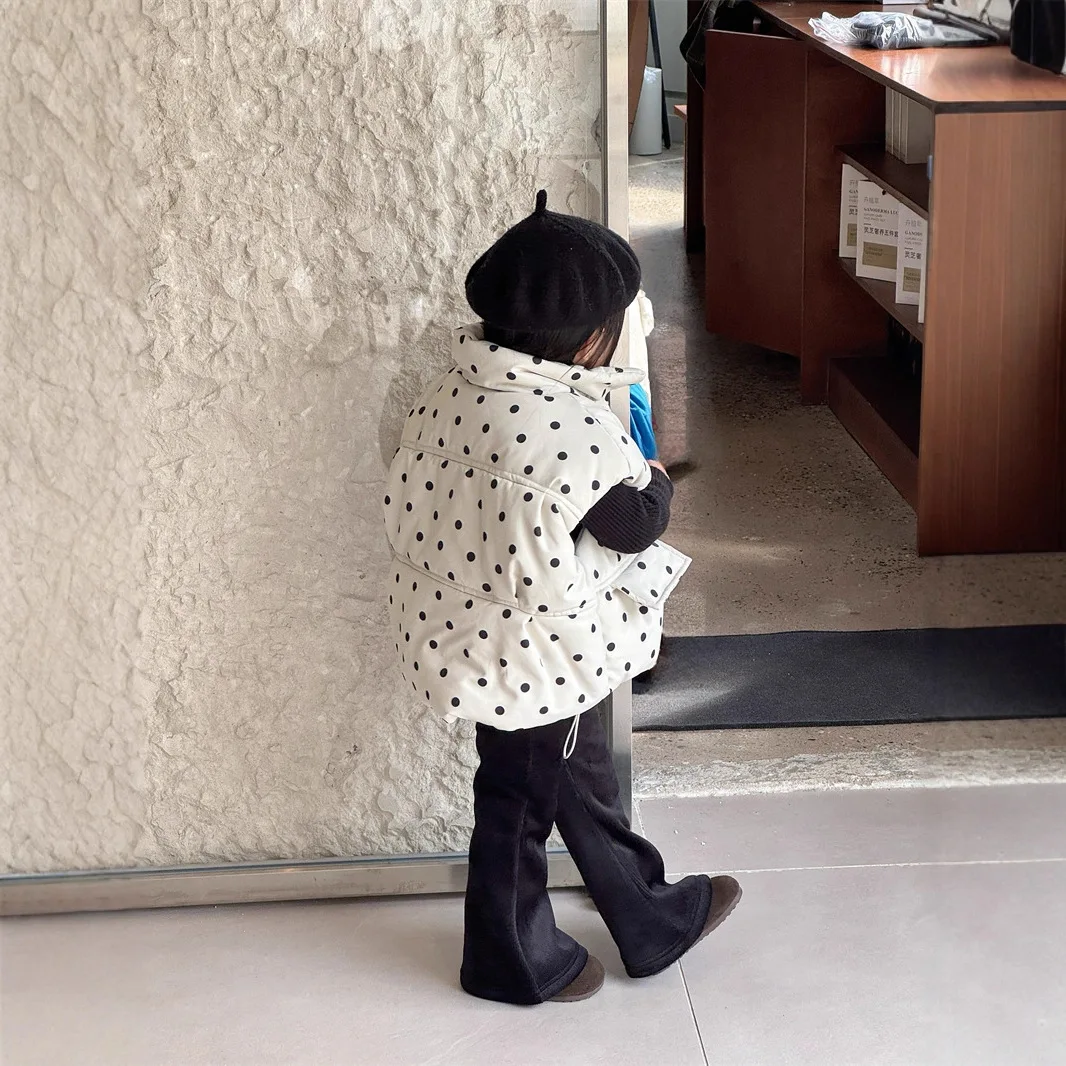 Korean Children Clothing Autumn and Winter Versatile Full Print Polka Dot Tooling Stand-up Collar Cotton Vest Wool Inner Pants