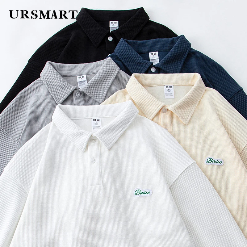 Waffle Polo Long sleeved Polo T-shirt  loose and simple embroidered hoodies and sweatshirts for men