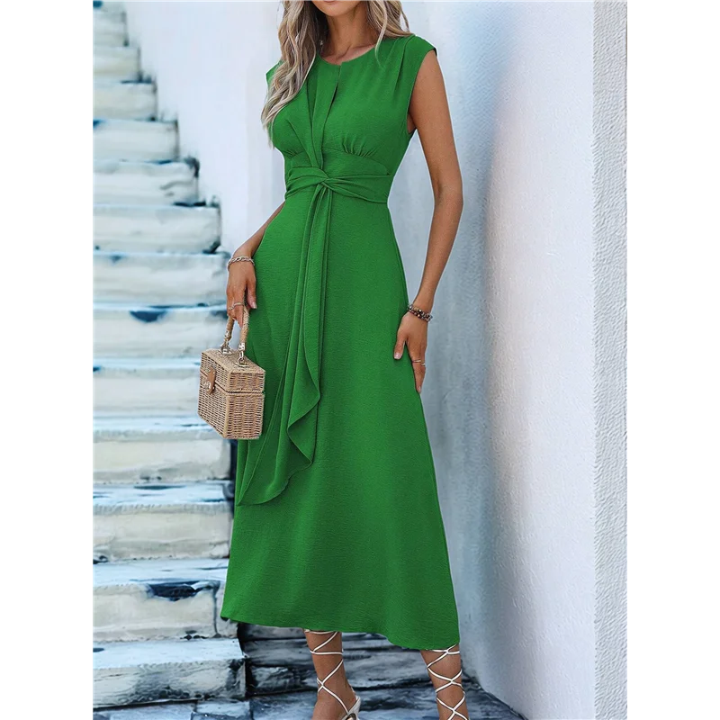 ABRT-レディース サマーカジュアル ノースリーブ Tシャツ ミディ丈ワンピース スリムフィット タイウエスト タンク ロングワンピース 2025 バケーション サンドレス