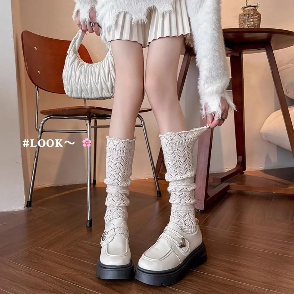 Trendy Y2K Knitted Foot Cover Hollow Out Sweet Lolita Boots Cover Soft Solid Color Mid-tube Sock Student