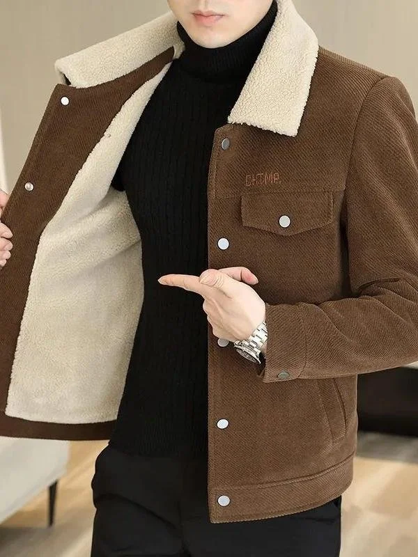

Men's Corduroy Jaet with Collar And Fce Warm Coat for Autumn Winter Color with Fur Collar Middle-aged Men's...