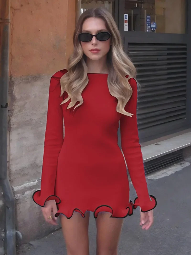 Fashion Autumn Winter Long Sleeve Ruffled Red Dress Streetwear 2024 Ladies Sexy Bodycon Ruched Package Hip Holiday Party Dresses