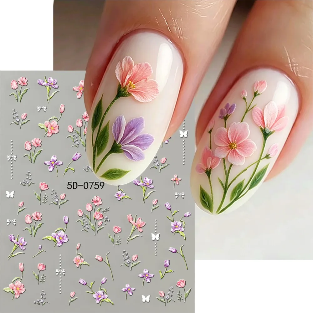 

1pc 5D Relief Spring Flower Nail Stickers Pink Tulip Purple Iris White Butterfly Nail Art Decals DIY Floral Manicure Decorations