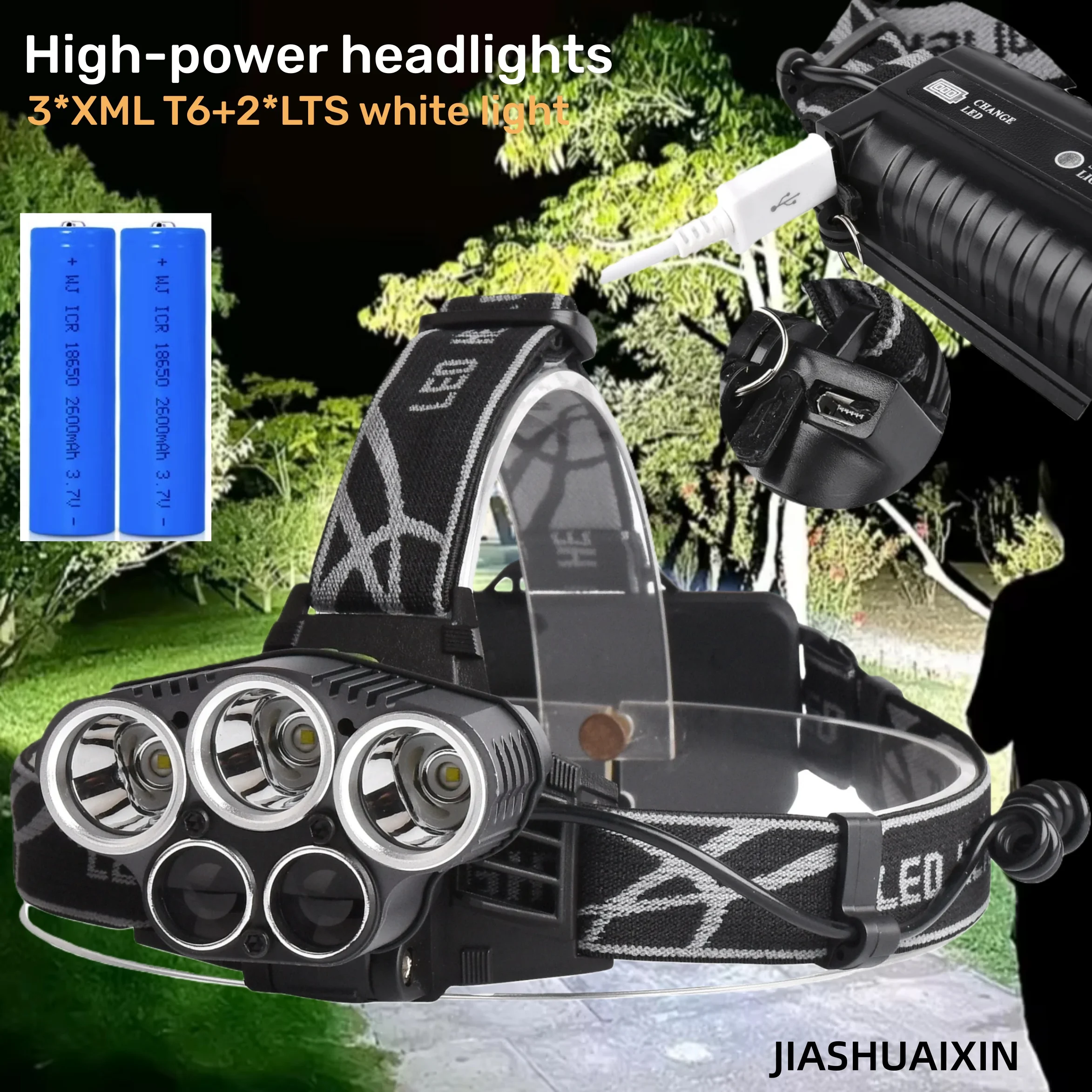 

Белый и синий светодиодный мощный мощный налобный фонарь дальнего действия с 5 головками для ночной рыбалки, шахтная лампа с зарядкой через USB