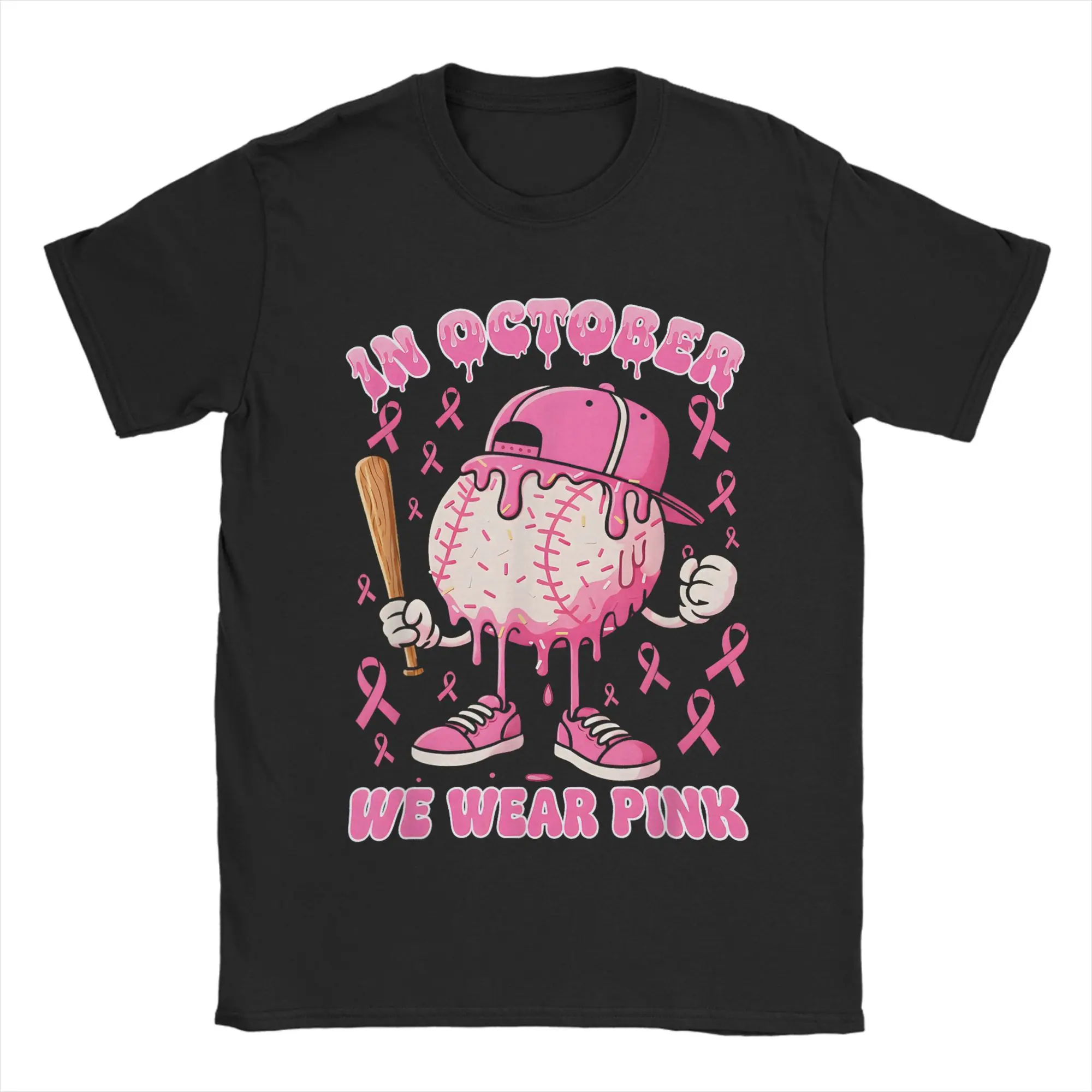 الفكاهة البيسبول الآيس كريم بالتنقيط في أكتوبر ارتداء الوردي سرطان الثدي تي شيرت الرجال س الرقبة 100% القطن تي شيرت قصيرة الأكمام تيز القمم #1