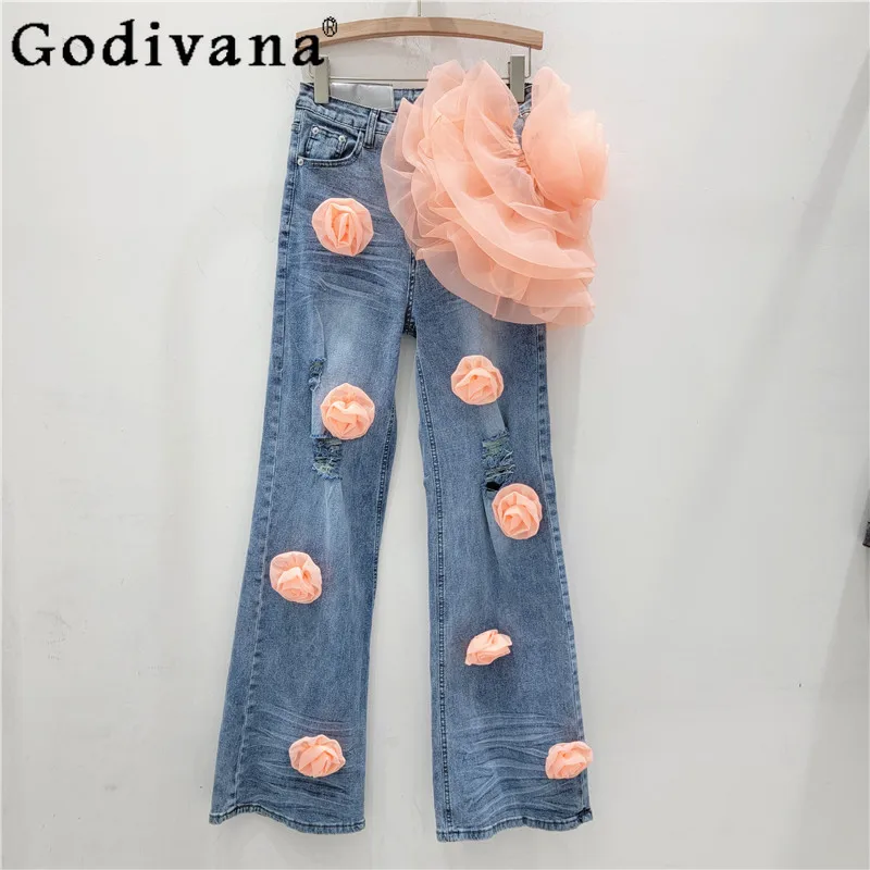 

Three-dimensional Flower European High Waist Denim Wide-leg Pants Spring Summer Women Blue Fashion Elegant Straight Trousers