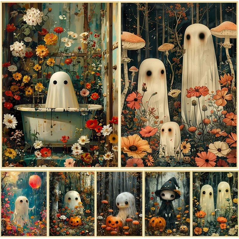 1pc  frameless Canvas Painting 1pc frameless Canvas Painting Halloween Wall Art Pictures Floral Bohoo Ghost Witch Skull Vintage