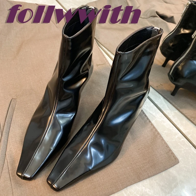 

Patent Leather Black Solid Side Zipper Boots Stiletto Ankle Low Heels Designer Cool Unique 2024 Catwalk Winter Ladies Shoes