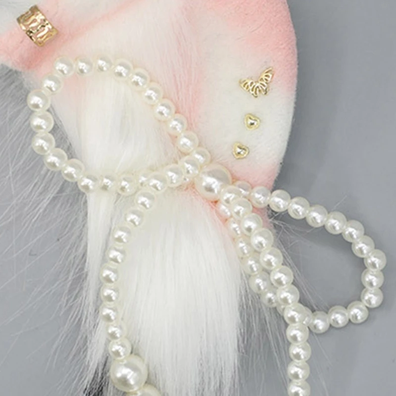 Ethnic Students Unisex Photoshoots Hairband with Pearl Bowknot Decors Ear Headbands Plush Cartoon Hair Hoop Dropship