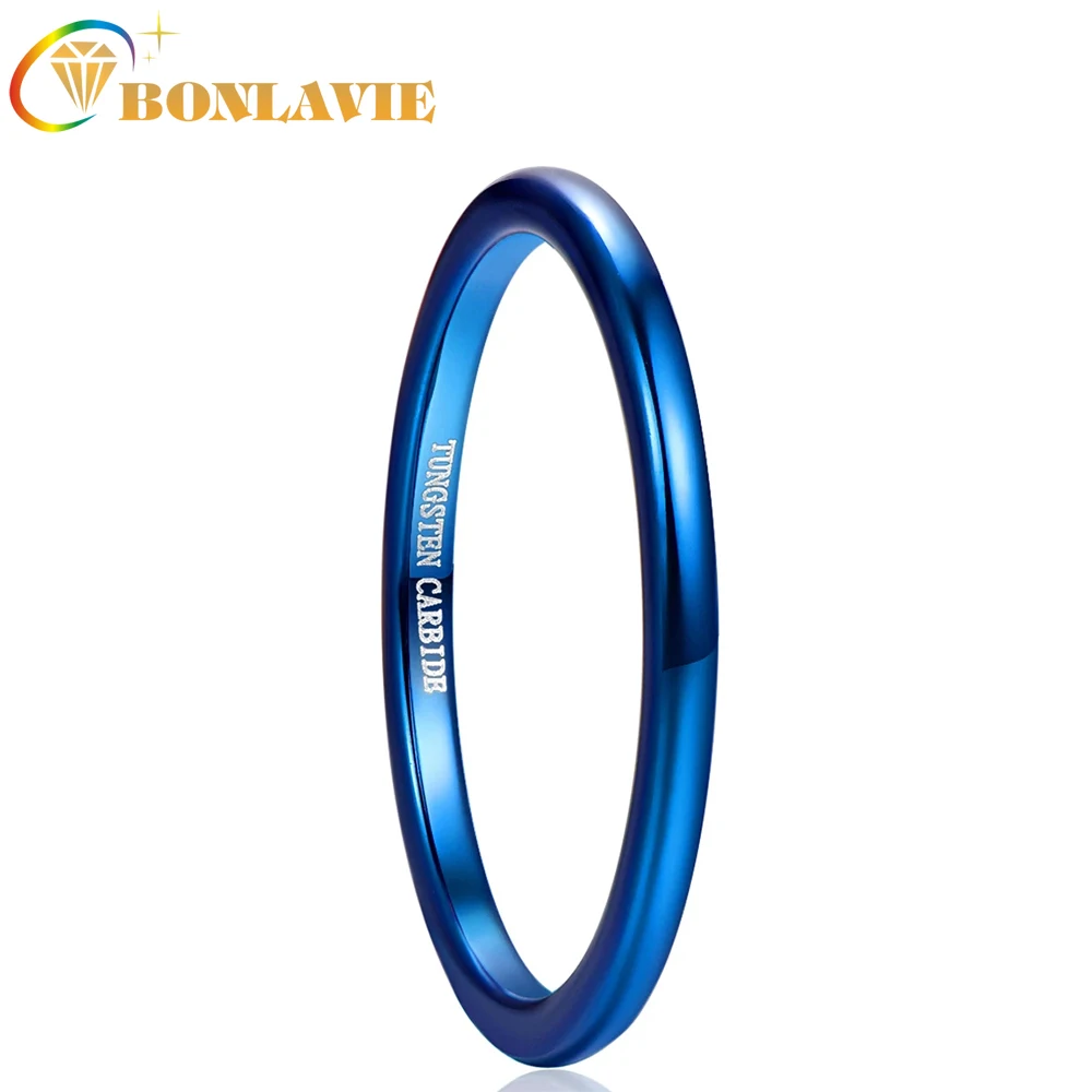 

BONLAVIE 2mm Width Blue Polished Tungsten Carbide Ring For Women Men Promise Engagement Ring