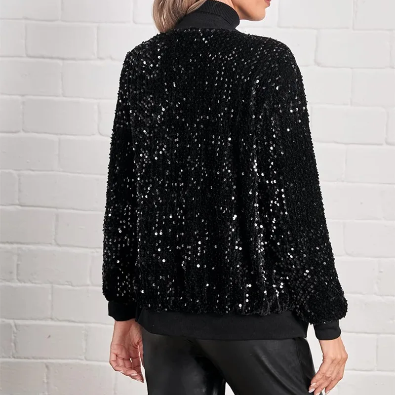 Veste de Baseball à Paillettes Brillantes pour Femme, Cardigan Chic à Col Rond, Manches sulf, Fermeture Éclair, Haut Décontracté, Polyvalent, Solide, Document, Mode de Rue