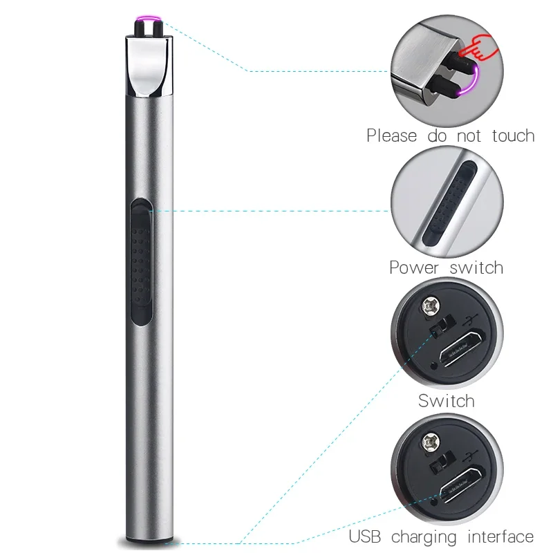 Long Rechargeable Lighter Single Arc Pulse Plasma Electric Lighter USB Flameless Windproof Kitchen BBQ Candle Lighter