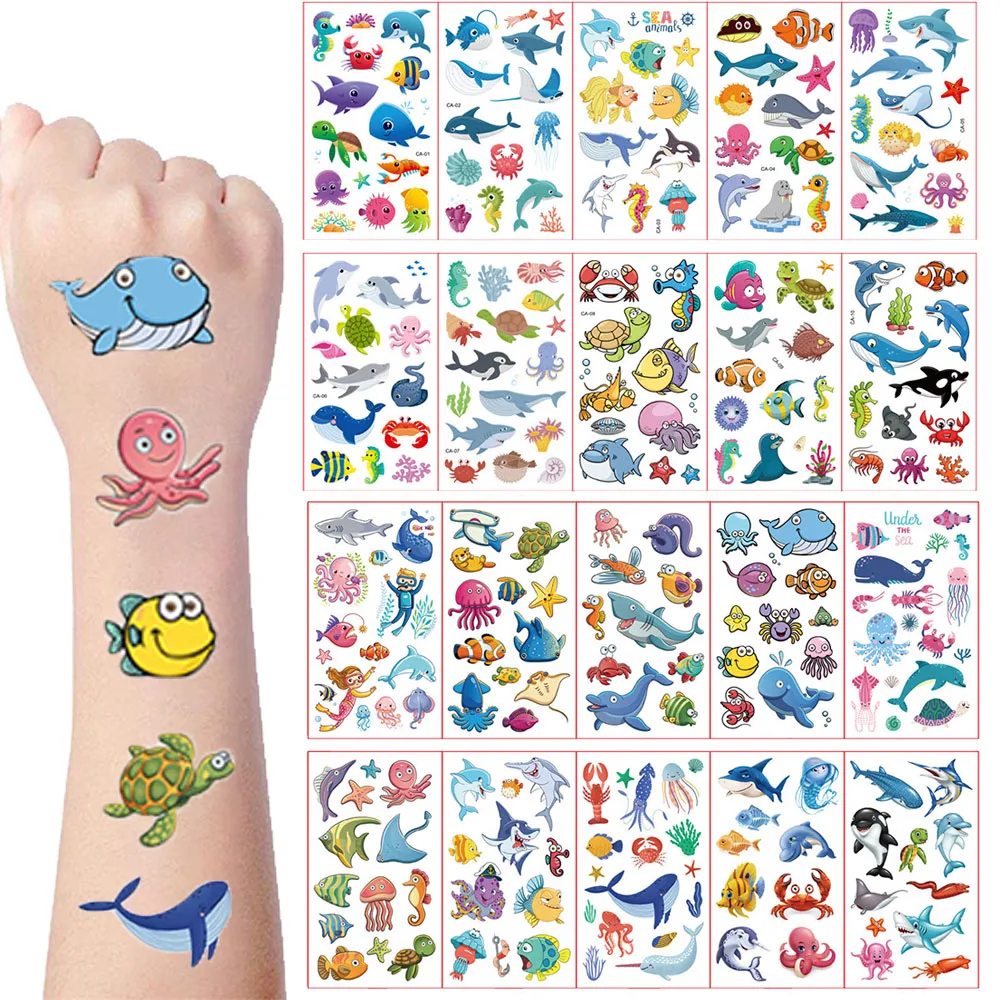 Marine Animals Tattoo For Kids Temporary Tattoo Sticker Boys Girls Ocean Theme Birthday Party Decor Supplies Kids Favor Gift