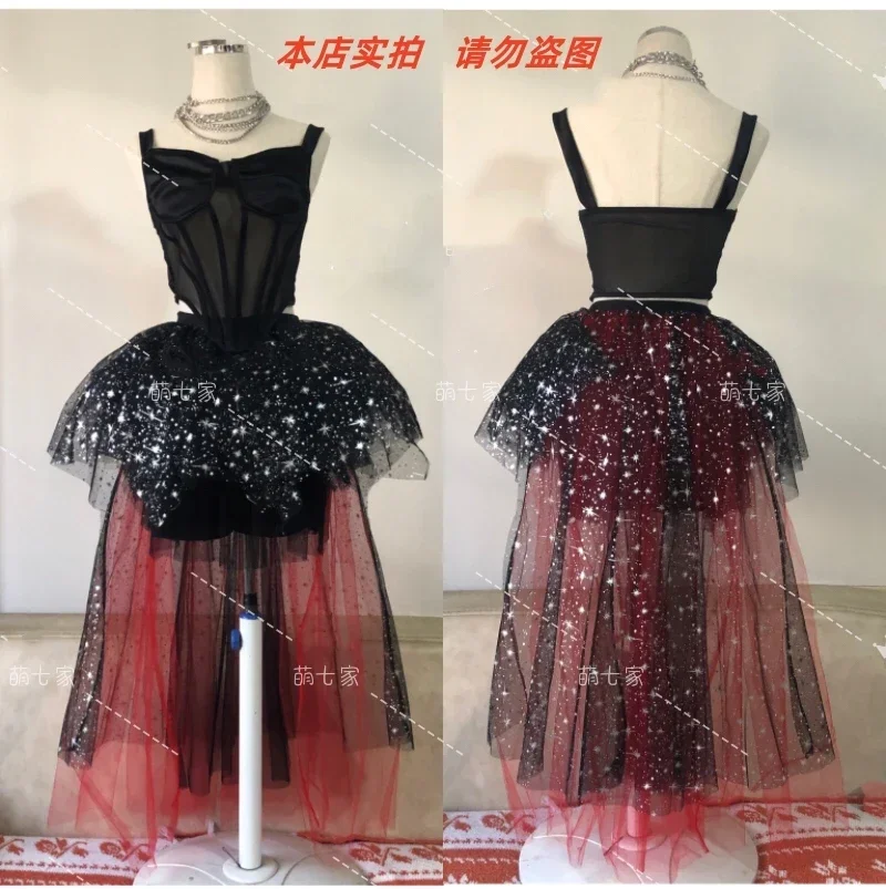 Kpop corea Jazz Dance senza maniche Off-spalla gilet nero Crop top donna discoteca ragazza calda Sexy maglia soffice gonna due pezzi Set