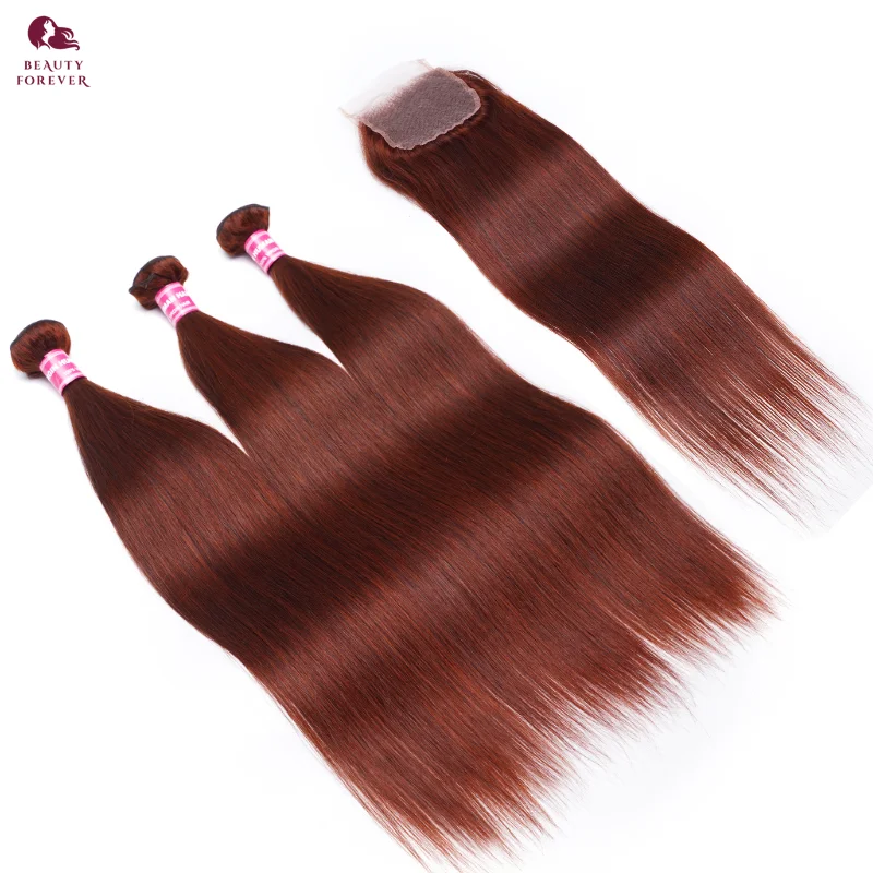 Beautyforever Reddish Brown Colored Bundles With Closure Grade 12A Brazilian Straight Raw Human Hair Bundles With Lace Closure