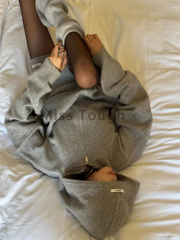 Autumn Winter Vintage Loose Grey 2-piece Set Women Aesthetic Retro Long Sleeve Zipper Hoodie + Design Elastic Waist Shorts Suit