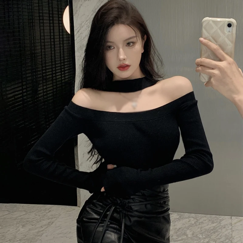 Women\'s Long Sleeve Cold Shoulder Pullovers Sweater Breathable Women\'s Halter Neck Backless Loose Sweater Tops