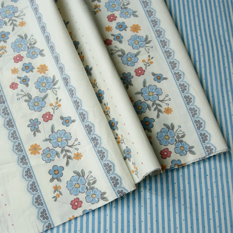 160x50cm Blue Floral Geometric Pure Cotton Fabric for Bedding Dresses DIY Cloth