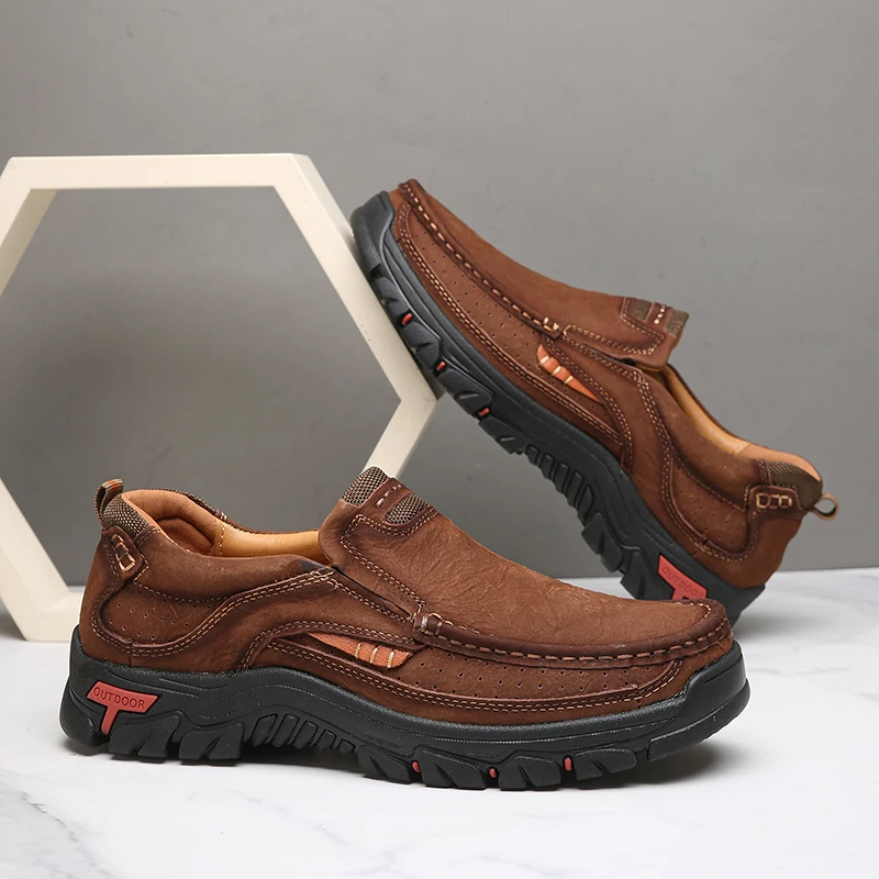 Spring/summer new slip-on men's breathable casual shoes with a toe layer of cowhide sports dad shoes outdoor walking shoes