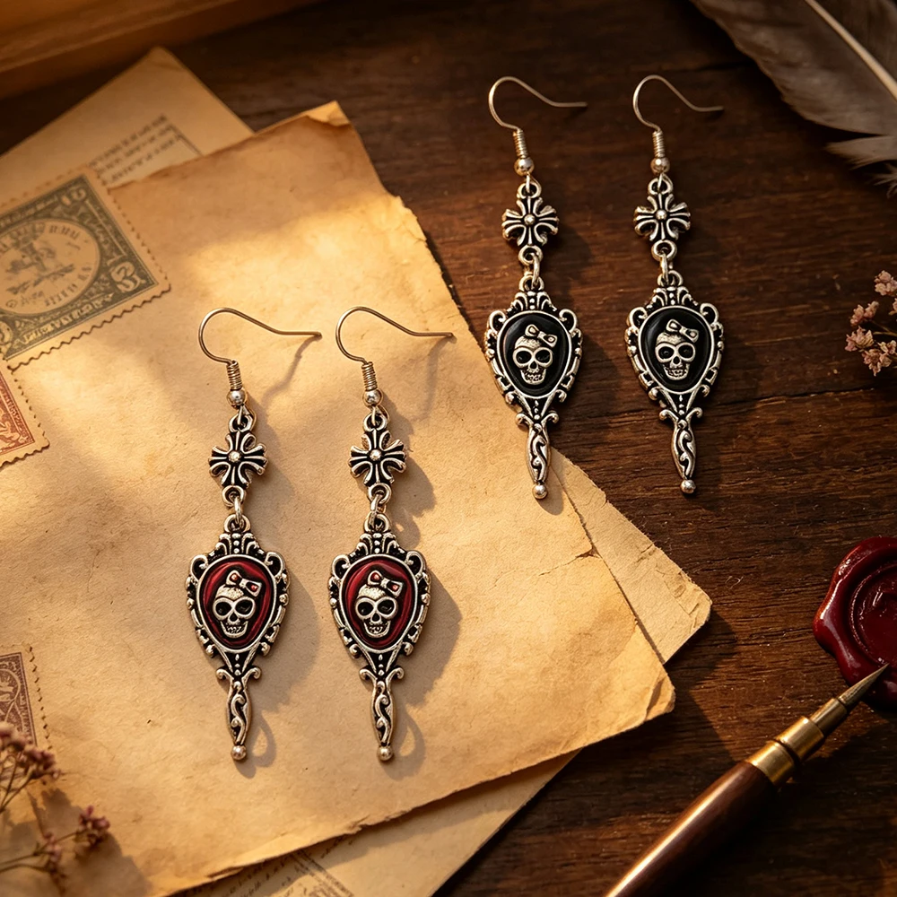 Halloween carved photo frame style long earrings, featuring an embedded bow and skull pattern, with red and black enamel, aged vintage silver texture, dark gothic style, suitable for everyday wear.