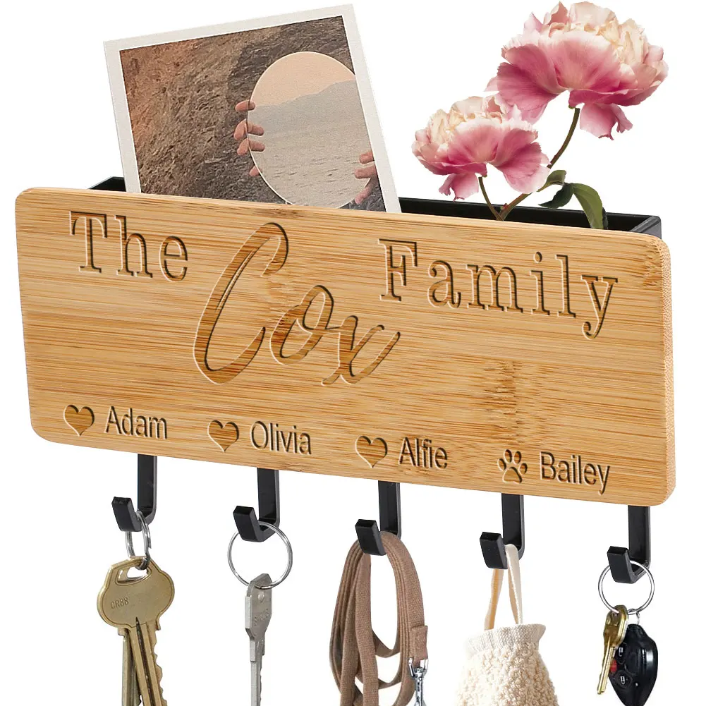 Customize Engrave Bamboo Board Kechain Holder with 5 Plastic Hooks Home Decor Mini Storage Rack