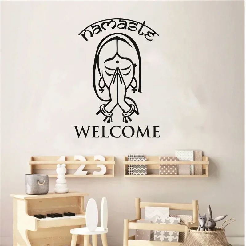 Home decor art mural, Namaste wall stickers from India, welcome message, detachable door, vinyl yoga style