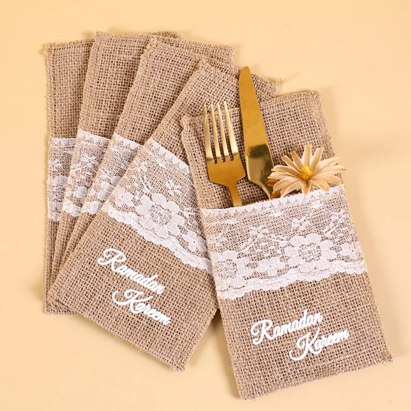 5pcs Ramadan Burlap Lace Cutlery Knife Fork Bag Eid Mubarak decoration 2024 Ramadan Kareem Islamic Muslim Party Eid Al Adha Gift