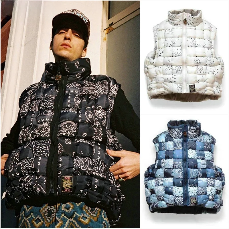 

Kapital Nylon Woven High Collar Zipper down Cotton Vest ex Trendy Brand Printed Loose Fit Winter Warm Plant Floral Pattern