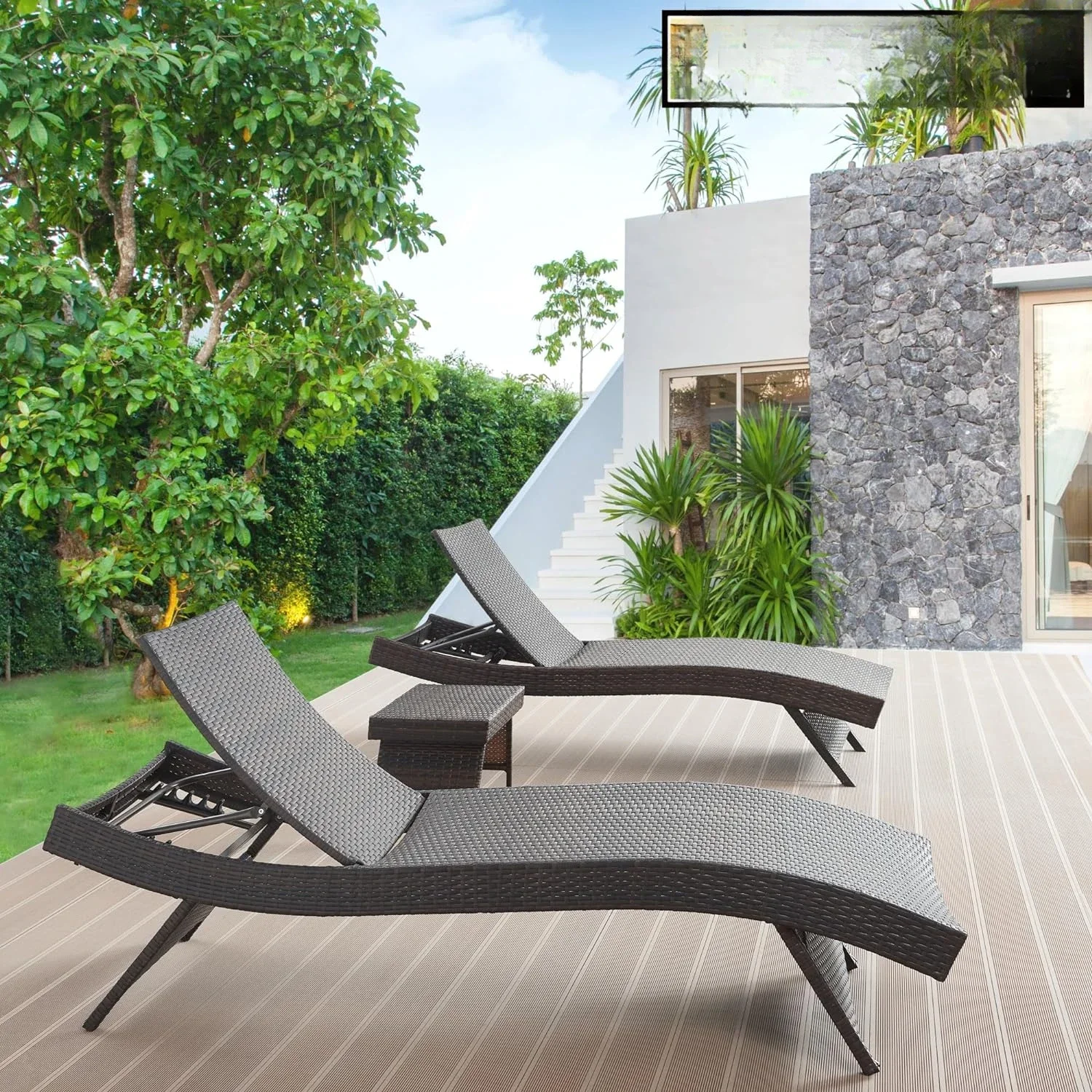 

L 79'' Long Reclining Chair Set Of 2 With Cushions, Chaise Lounge Wicker Reclining Lounge Chair, PE Rattan Chaise Lawn Sunbathi