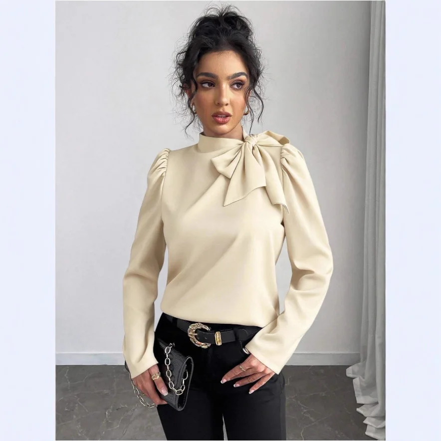 เสื้อเบลาส์ผู้หญิงแฟชั่นสปริง/ออทั่ม 2025 แขนยาว สีพื้น เรียบหรู เหมาะสำหรับใส่ทำงานในออฟฟิศ สไตล์ลำลอง