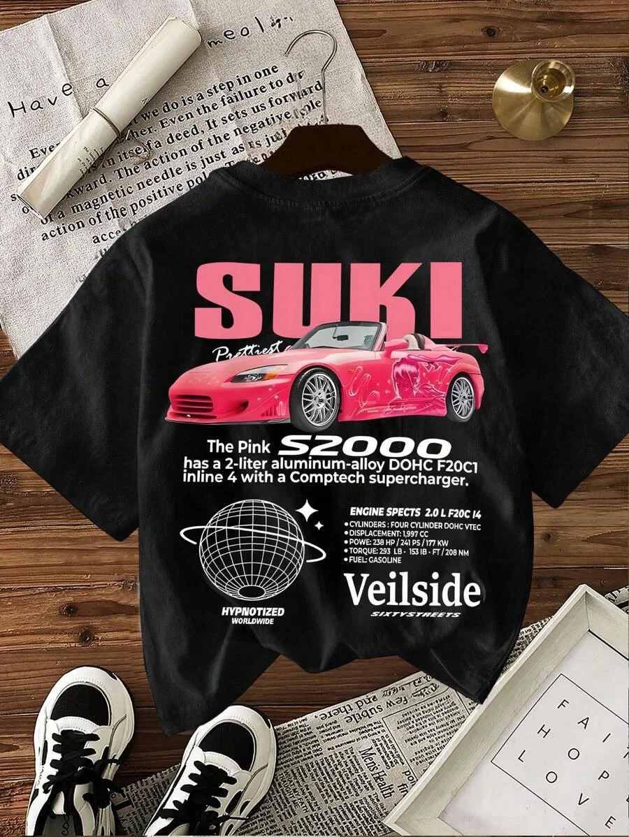 

Plus - Size JDM Car Graphic Tee, Black Short - Sleeve with Pink S2000 & Veilside Print