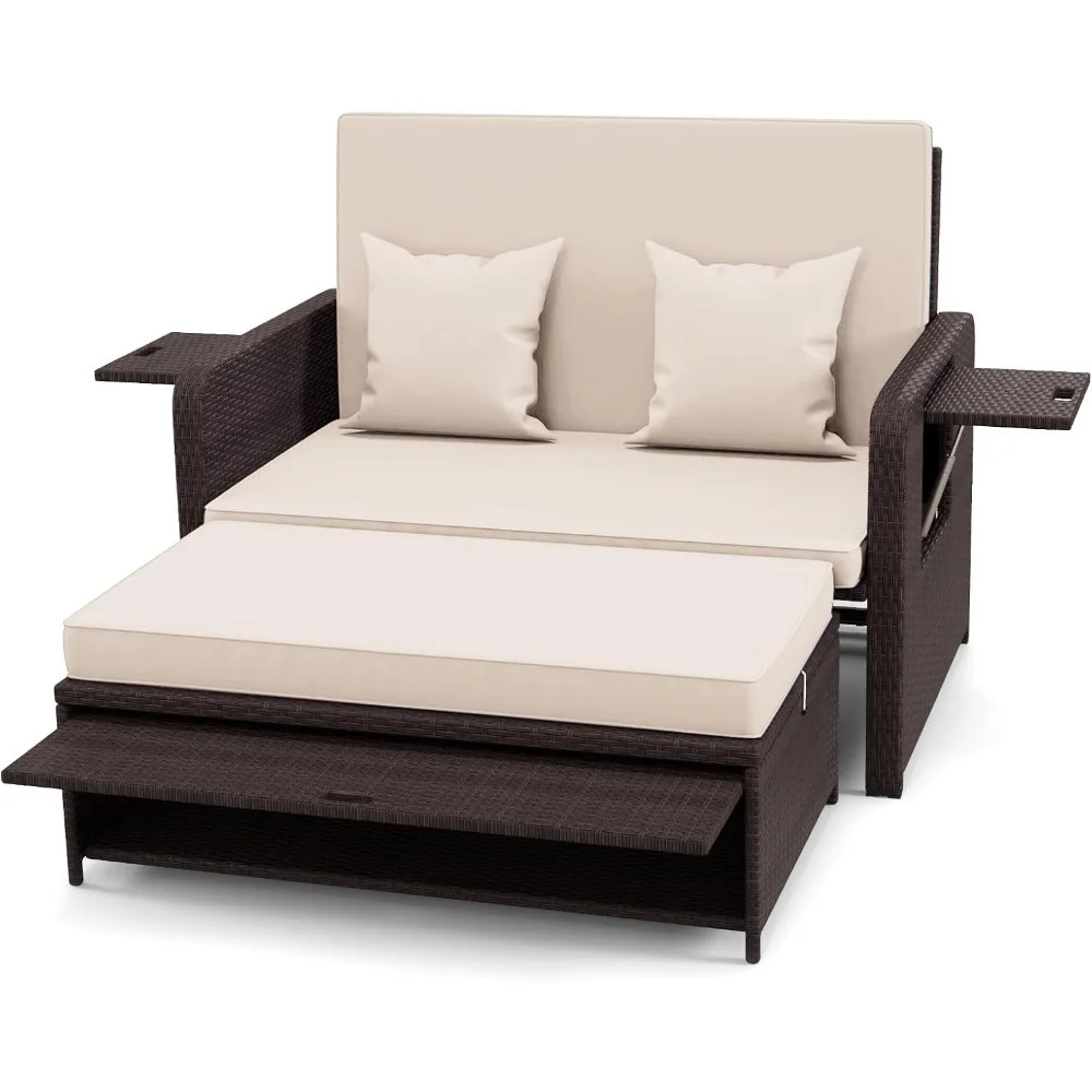 

Wicker Patio Outdoor Daybed - Rattan Day Bed Lounger with Loveseat & Storage Ottoman, Sunbed Sofa Set w/Cushions