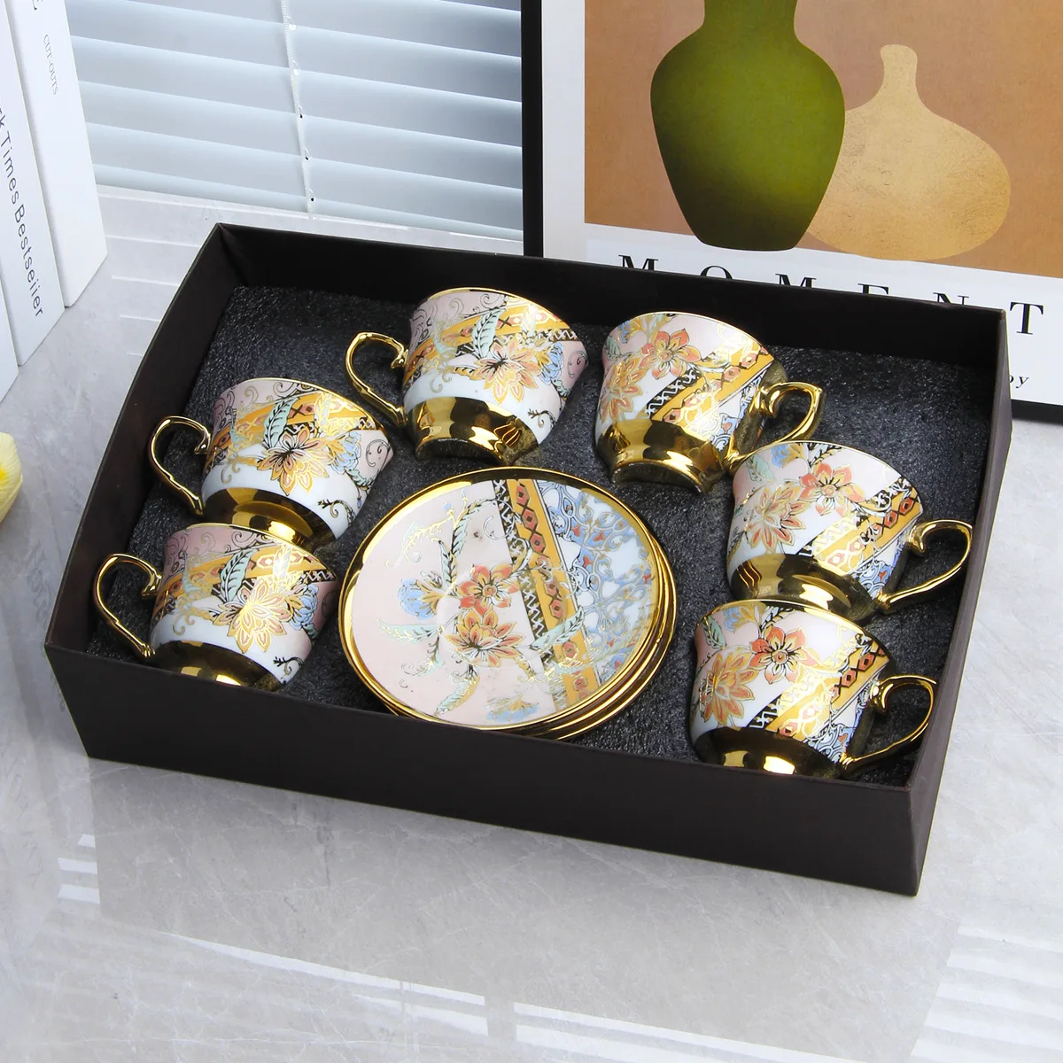 European-style ceramic coffee set, electroplated cup and saucer, afternoon cup and saucer set, dim sum cup export, Dujin