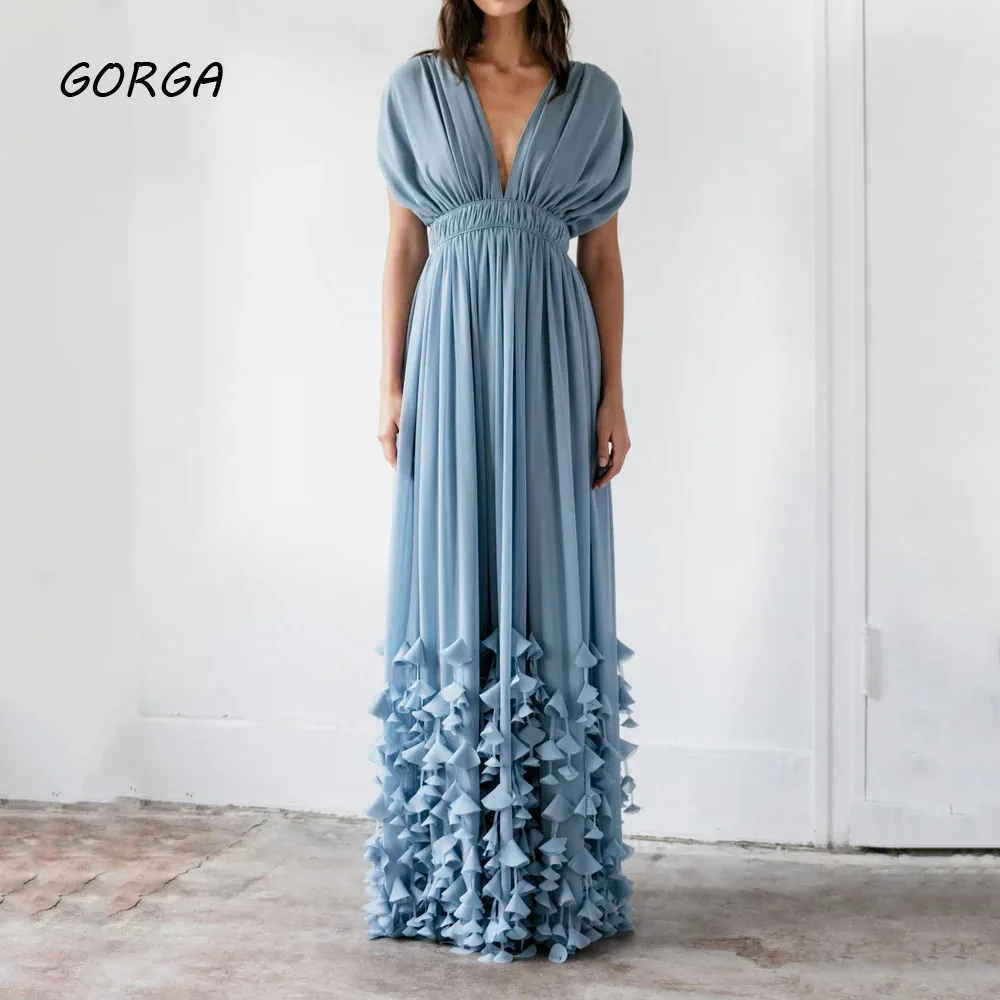 

GORGA Deep V-Neck Ruffles Mermaid 2024 Slim Backless Chiffon Ocassion Gown Floor-Length Evening Dress فستان سهرة نسائي