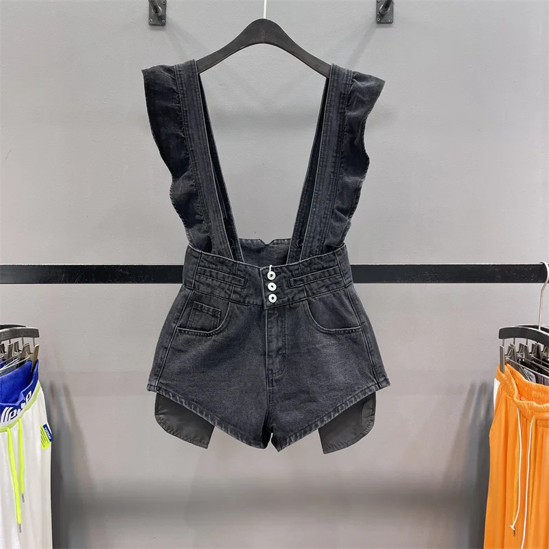 Mono vaquero de cintura alta con efecto antienvejecimiento, plones cortos de verano para mujer con bolsillos, jeans de pi...