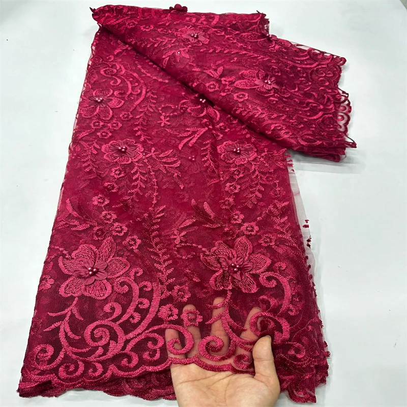 Red 2024 High Quality African Beads Net Lace Fabric For Sewing Party Dress, Swiss Voile Embroidery French Mesh Tulle Lace